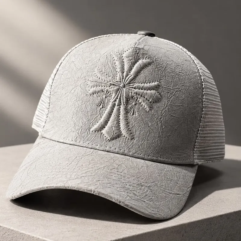 Grey leather-look trucker cap with a raised tonal cross embroidered on the front