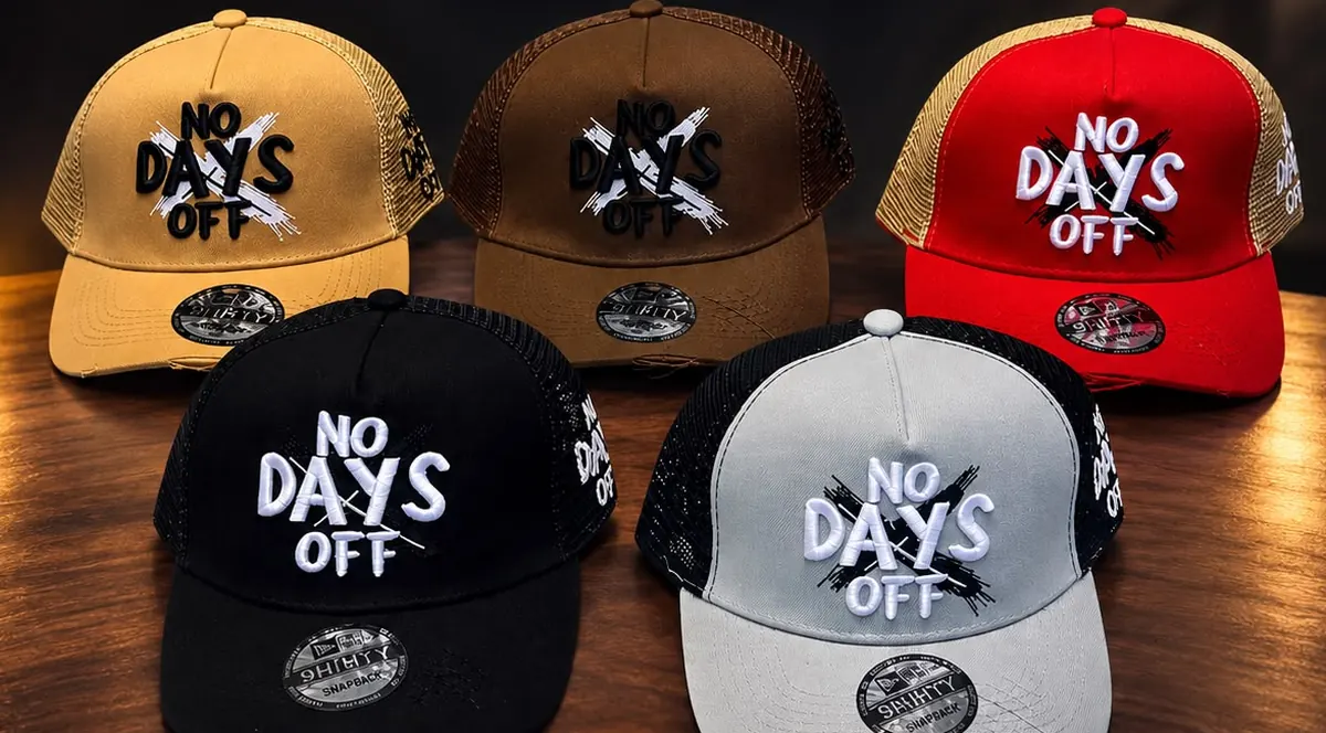 Five No Days Off trucker caps in tan, brown, red, black and grey on a wooden table
