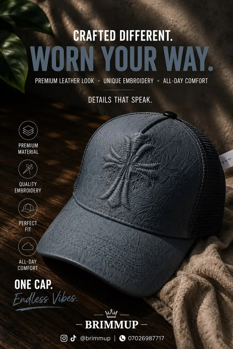 Slate blue-grey embroidered cross trucker cap