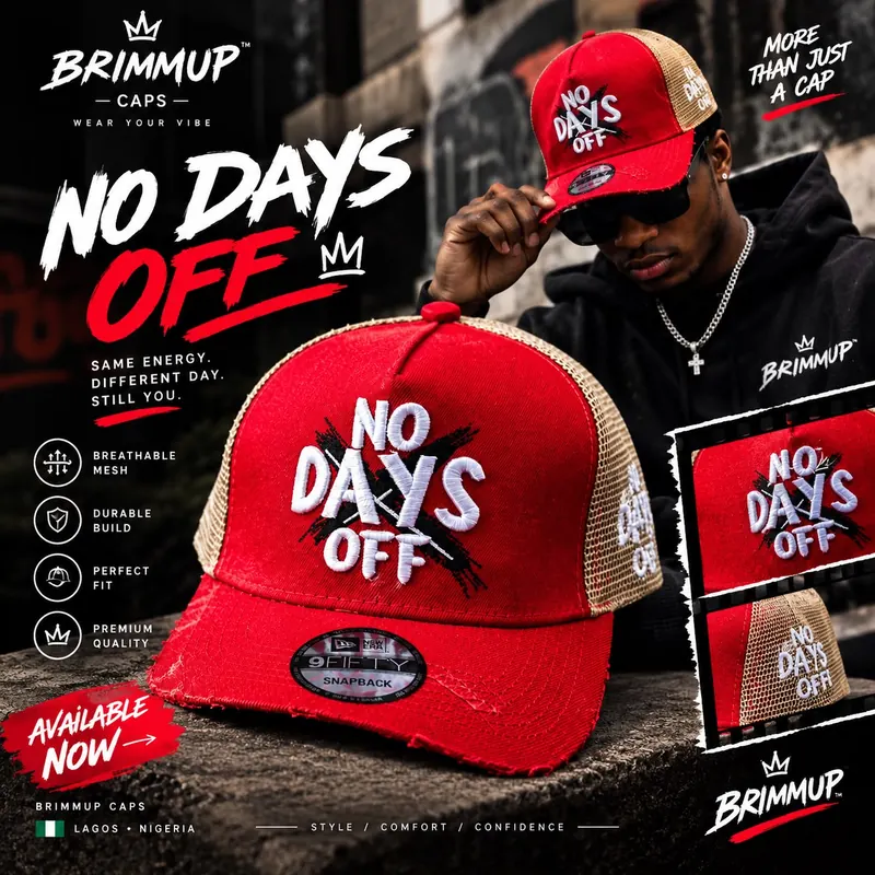 Red No Days Off trucker cap, with a model wearing the same cap