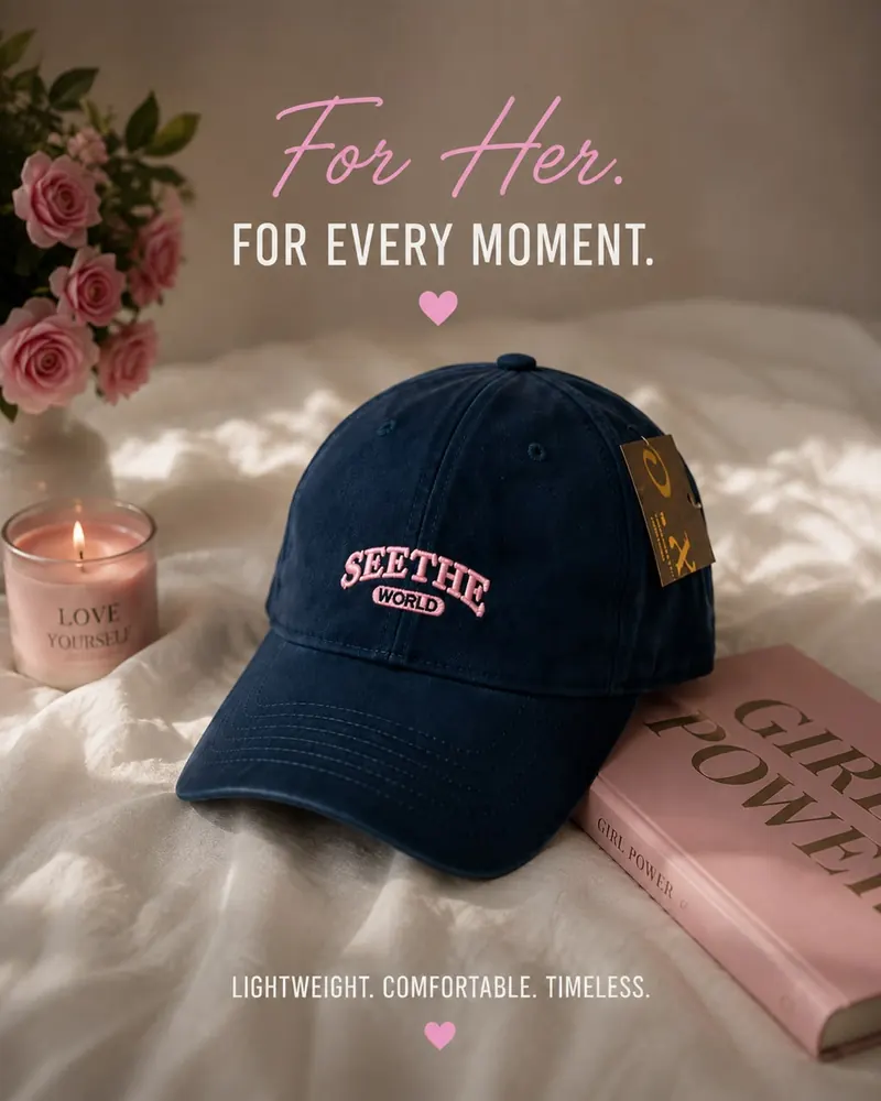 Navy Seethe World dad cap with pink embroidery