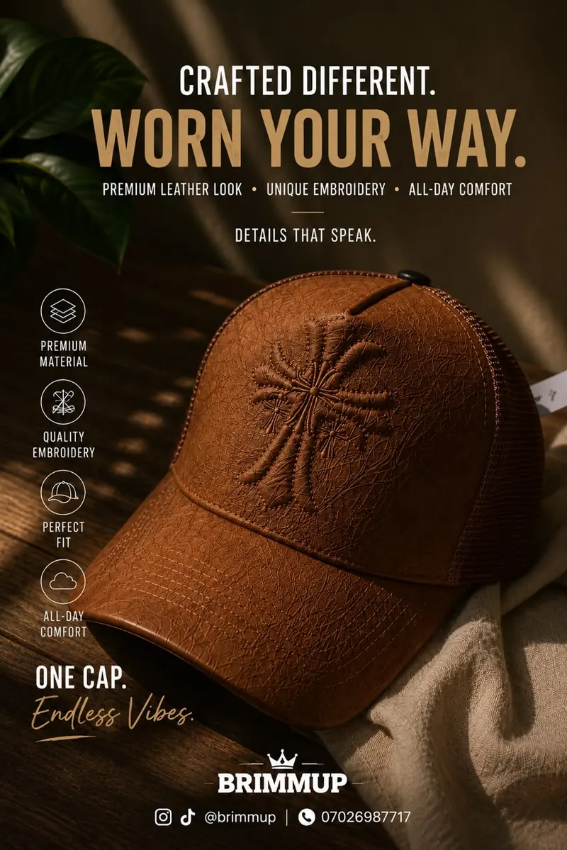 Brown embroidered cross trucker cap on a wooden table