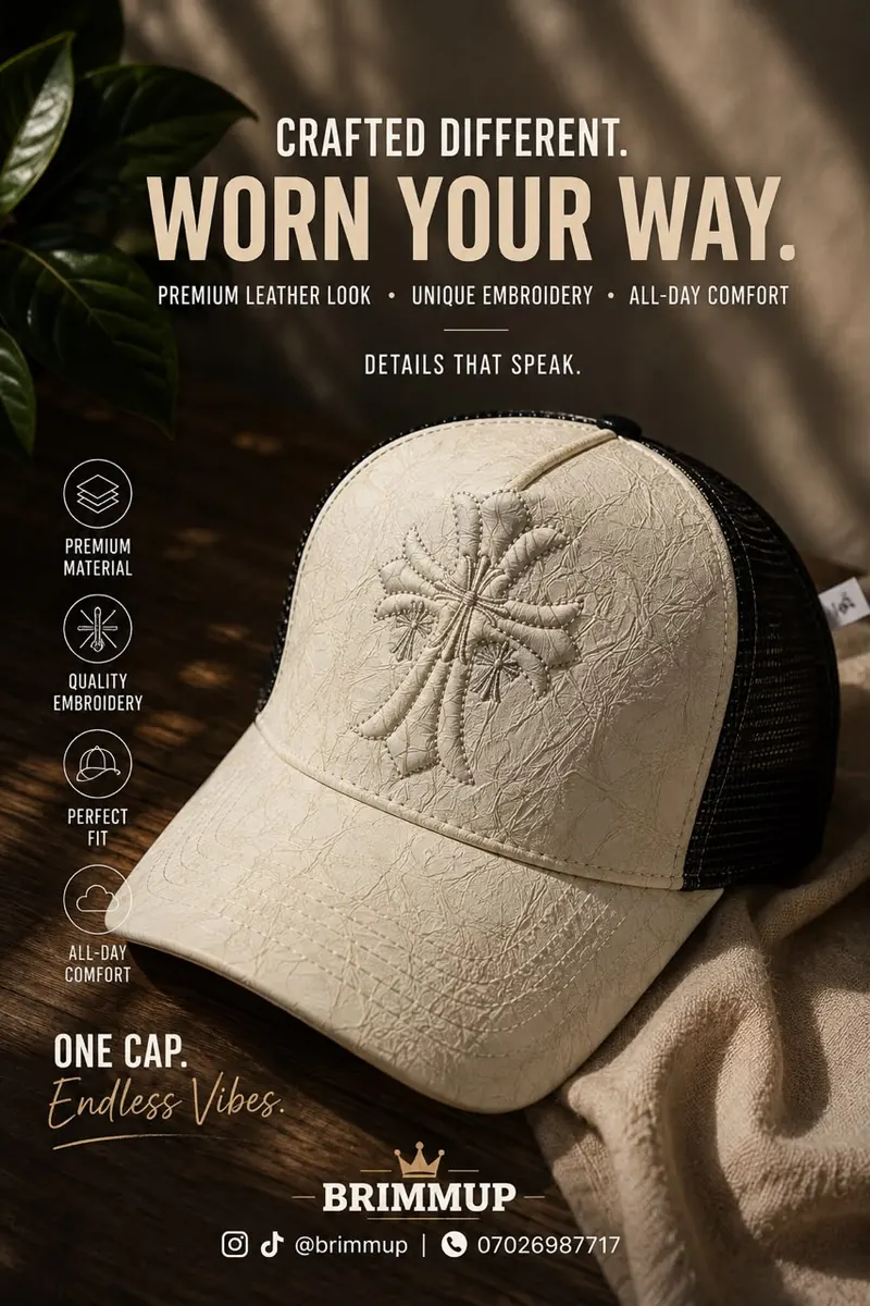Cream embroidered cross trucker cap with a black mesh back