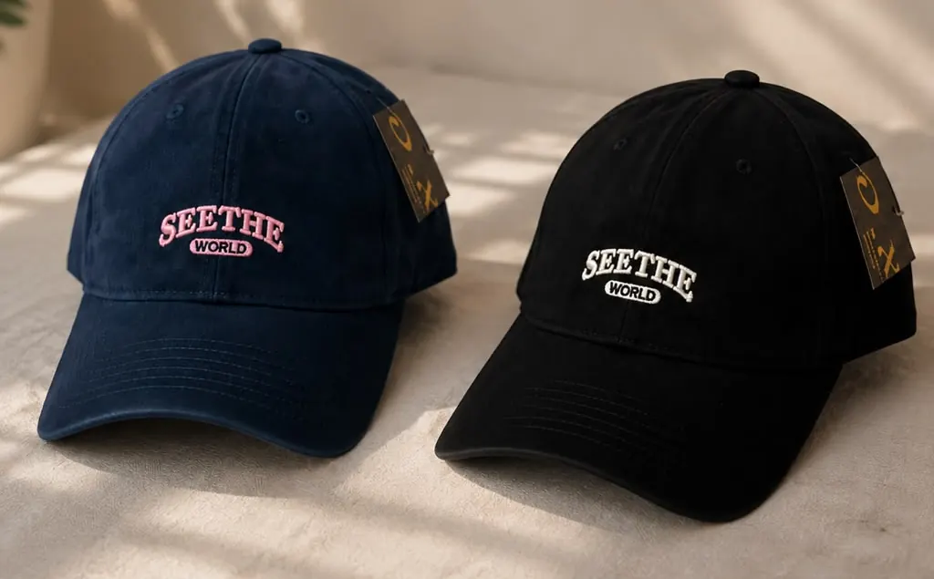 Two Seethe World dad caps, navy with pink embroidery and black with white embroidery